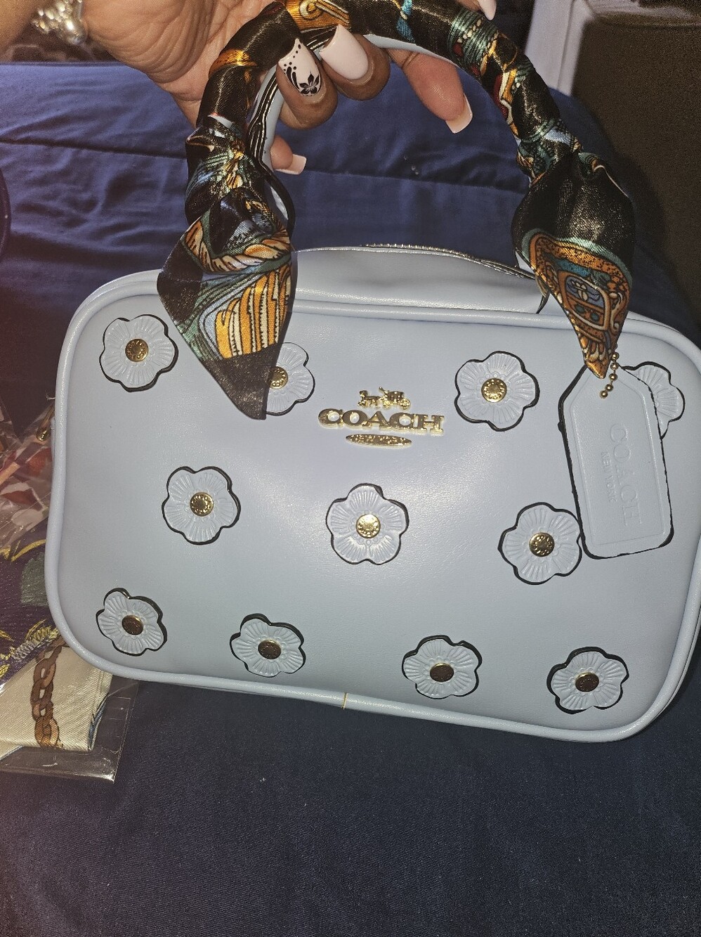 Unbranded Powder Blue Floral Appliqué Leather Top-Handle Bag.